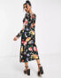 Фото #1 товара QED London square neck ruched bust tie back midi dress in large floral print