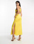 ASOS DESIGN embroidered bodice satin bias midi dress with open back in mustard