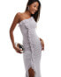 Flounce ruched mesh maxi dress with frill detail in grey