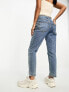 ASOS DESIGN Petite slim fit comfort mom jeans with rip in mid blue