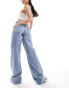 Sixth June low rise acid wash wide leg jeans with split hem in blue BLAU, W28 - фото #3