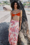 Floral print pleated midi skirt with metallic thread