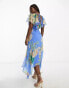 Фото #4 товара ASOS DESIGN v front v back ruffle midi dress with flutter sleeve and tie belt in blue floral print