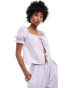 Reclaimed Vintage tie front top with puff sleeve in summer lilac stripe