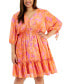 Plus Size Printed Smocked-Waist Tie-Sleeve Dress