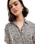 Stradivarius linen look short sleeve boxy shirt in leopard print