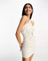 Фото #2 товара ASOS DESIGN twist neck halter mini dress with ruched skirt in oatmeal