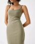 Bershka square neck bodycon midaxi dress in khaki Черный, XS - EU 34 - фото #4