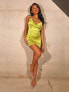 Public Desire x Kenza satin cowl front mini slip dress in chartreuse