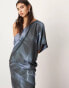 ASOS EDITION satin slouchy off shoulder maxi dress in grey abstract print