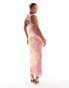 Фото #4 товара ASOS DESIGN high neck textured maxi dress with oversized gold trim in orange and pink print