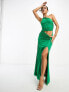 ASOS DESIGN one shoulder ruched mesh cut out detail maxi dress in dark green