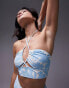 Фото #2 товара Topshop silhouette floral print rib longline bikini top in blue and ivory