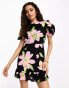 Фото #4 товара ASOS DESIGN Petite pie crust neck puff sleeve mini tea dress in oversized black based floral print