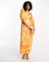 Фото #8 товара Vila textured satin wrap midi dress in orange abstract print