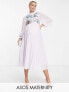 Фото #1 товара ASOS DESIGN Maternity high neck pleated long sleeve skater midi dress with embroidery in lilac