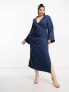 ASOS DESIGN Curve flute sleeve collared wrap midi dress with gathers in blue