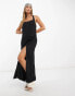 Фото #1 товара ASOS DESIGN – Maxi-Sommerkleid aus Leinen in Schwarz mit U-Ausschnitt, Neckholder und Zierknoten