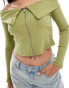 Pieces off the shoulder zip through long sleeve top in green