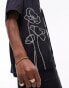 Topman short sleeve revere floral embroidered front shirt in black