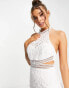 Bardot cut out broderie midi dress with sheer overlay in ivory