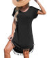 Women's Black Round Neck Short Sleeve Tassel Hem Mini Beach Dress
