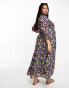 Фото #6 товара ASOS DESIGN Curve midi smock dress with shirred cuffs in black based multi floral print