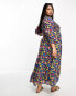 ASOS DESIGN Curve midi smock dress with shirred cuffs in black based multi floral print