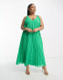 ASOS DESIGN Curve jacquard check plunge neck pleat midi dress with tie straps in emerald green