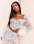 ASOS LUXE co-ord sweetheart neck faux feather trim sleeve sequin crop top in silver