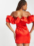 Фото #2 товара Miss Selfridge satin ruffle bardot mini dress in red