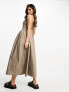 ASOS DESIGN – Midi-Skater-Kleid aus Baumwolle in Taupe mit tief angesetzter Taille