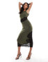 Rare London sleeveless midi dress with contrast lace in khaki