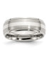 Stainless Steel Silver Inlay Brushed 8mm Ridged Band Ring