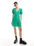 Glamorous wrap short sleeve tea dress in green scribble floral