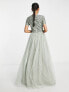 Maya Bridesmaid short sleeve maxi tulle dress with tonal delicate sequins in sage green