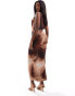 Фото #4 товара ASOS DESIGN plunge neck asymmetric draped mesh midi dress in brown abstract print