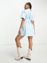 Urban Revivo mini shirt dress with front ruched tie up detail in blue