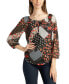 Juniors' Printed Round-Neck Peasant Mesh Top