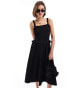 Фото #4 товара & Other Stories mixed fabric midi dress with ruched square neck bodice and full hem in black