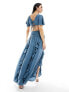 ASOS DESIGN satin ruffle flutter sleeve maxi dress with cut out waist in blue