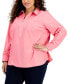 Plus Size Chambray 1/2-Zip Roll-Tab-Sleeve Cotton Popover Shirt