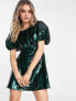 Miss Selfridge occassion sequin volume sleeve mini dress in green Green Sequin, 36 - фото #1