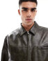 ASOS DESIGN faux leather oversized distressed harrington jacket in dark green