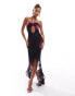 Murci exclusive mesh halterneck keyhole maxi dress with ruffle asymmetric hem in purple lily print