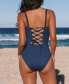 ფოტო #1 პროდუქტის Women's Navy Square Neck Lace-Up One-Piece