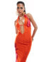 Фото #4 товара Murci halterneck plunge neck maxi dress in orange and pink flower print