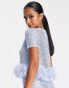 Jaded Rose Petite short sleeve crop top with faux feather trim in baby blue sequin co-ord