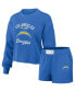 Women's Blue Distressed Los Angeles Chargers Waffle Knit Long Sleeve T-shirt and Shorts Lounge Set