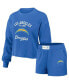 ფოტო #1 პროდუქტის Women's Blue Distressed Los Angeles Chargers Waffle Knit Long Sleeve T-shirt and Shorts Lounge Set